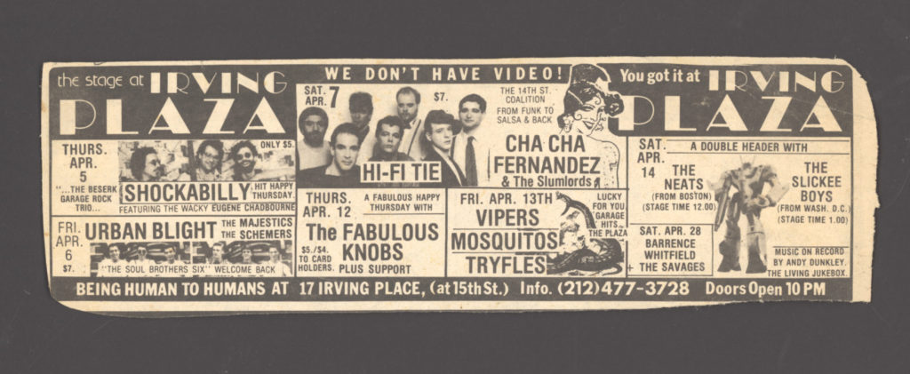 April 1984 Irving Plaza ad for a Friday night triple bill of the Vipers, Mosquitos and Tryfles.