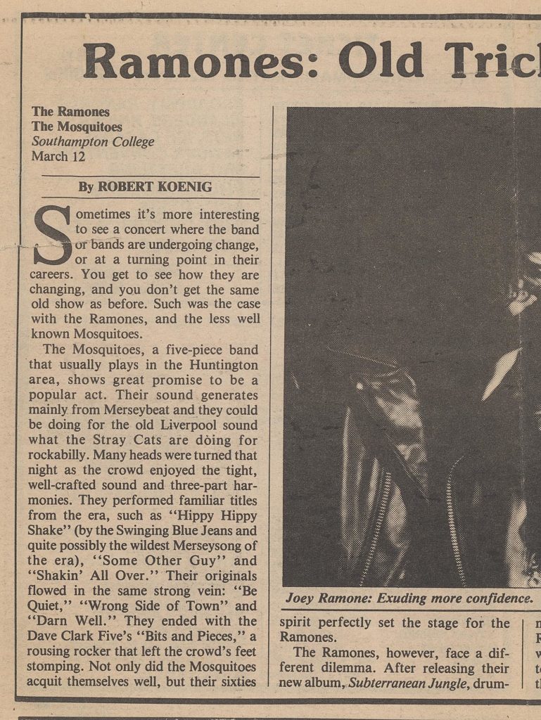 A review of the Mosquitos opening up for The Ramones March 12, 1983.